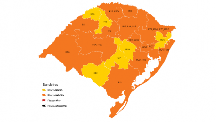 Mapa do Distanciamento Controlado mostra quase todo o RS com a bandeira laranja | Foto: Reprodução/Palácio Piratini