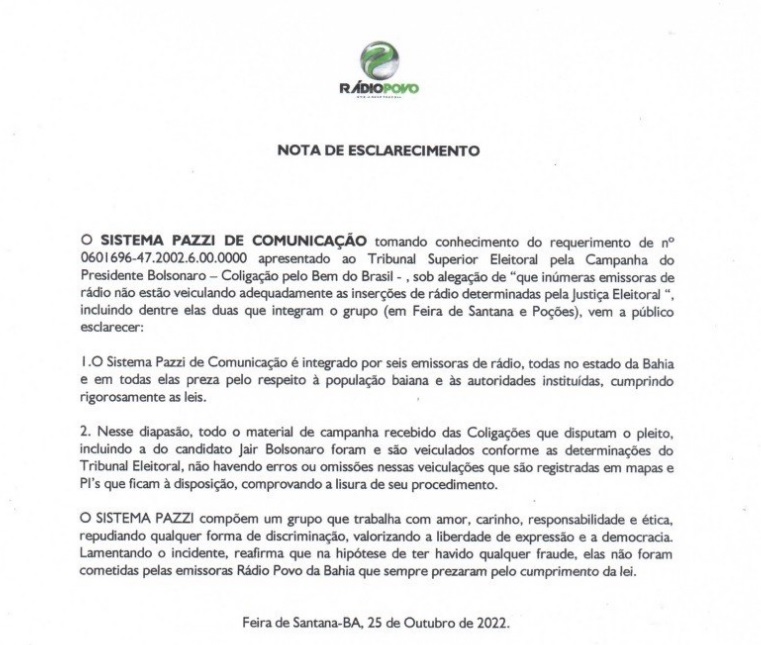 NOTA DE ESCLARECIMENTO — Tribunal Regional Eleitoral da Bahia